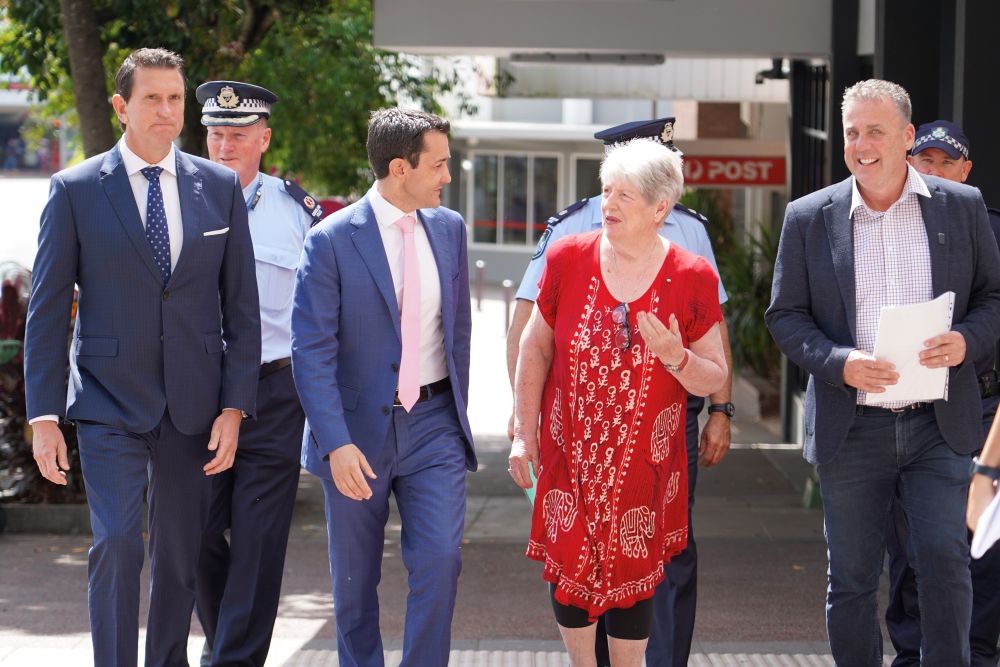 Premier, Minister Purdie, Marty Hunt MP with police officers and Christine Jones at the site of the new Nambour Police Beat.