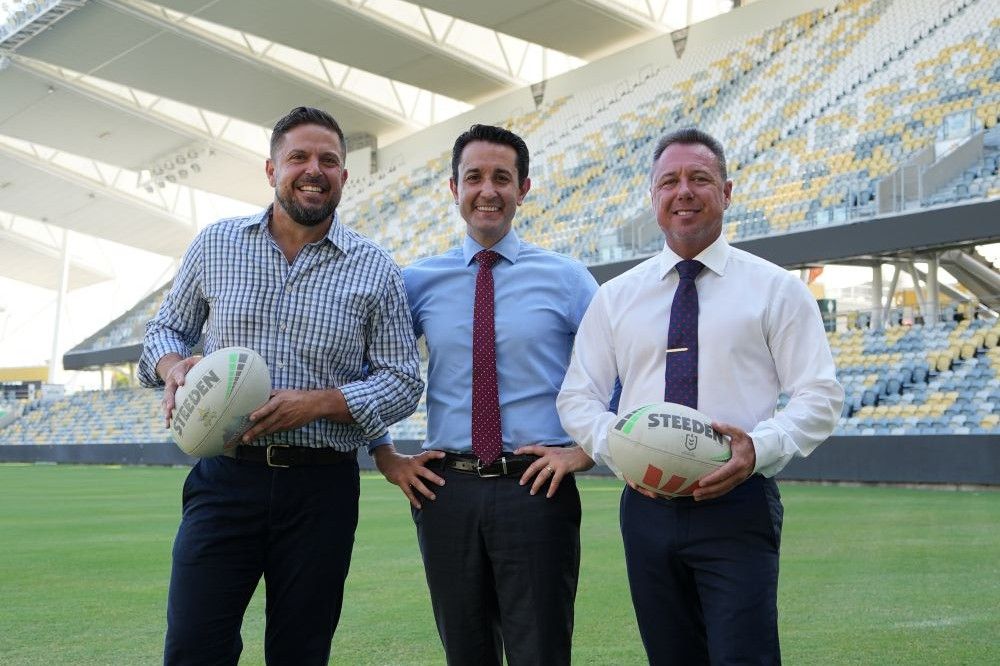 Premier with Townsville Mayor, Nick Dametto and Wayde Chiesa to announce the 2026 Rugby League World will be hosted across three Queensland cities.