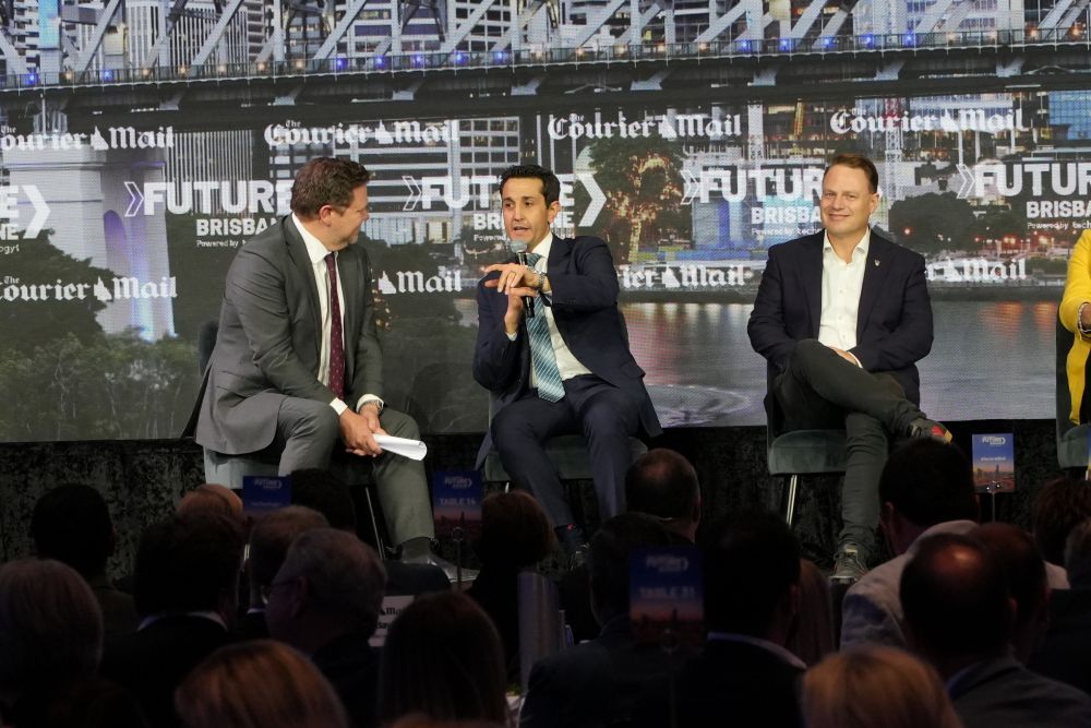 Premier onstage at Future Brisbane 2025 with Lord Mayor Adrian Schrinner and Chris Jones, editor of The Courier-Mail.